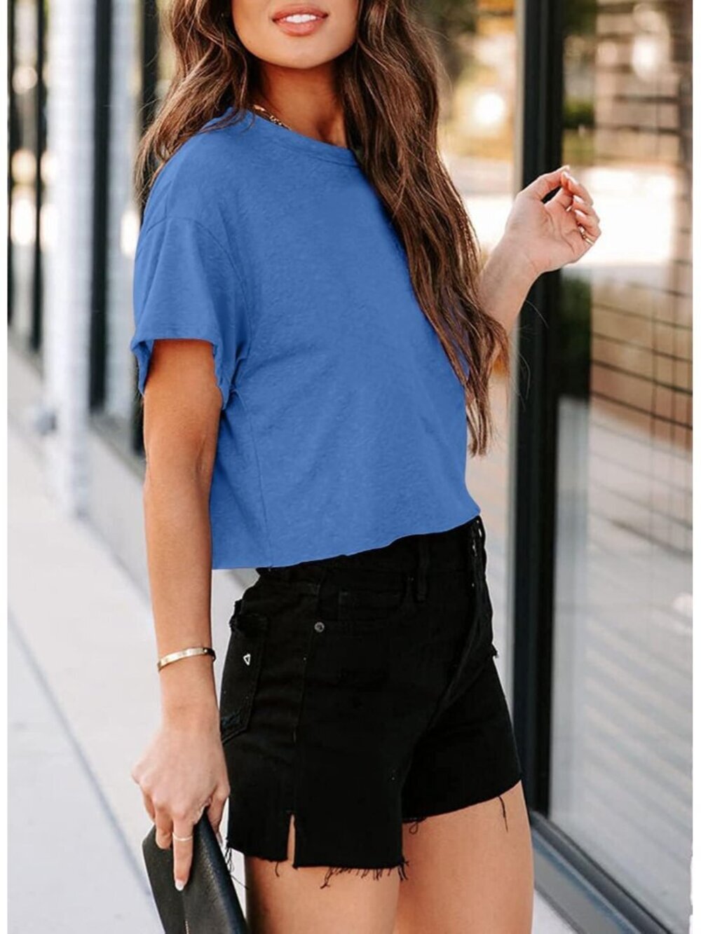 〽️Women's Navy Short Sleeve Crew Neck Loose Casual Drop Shoulder Crop Tops